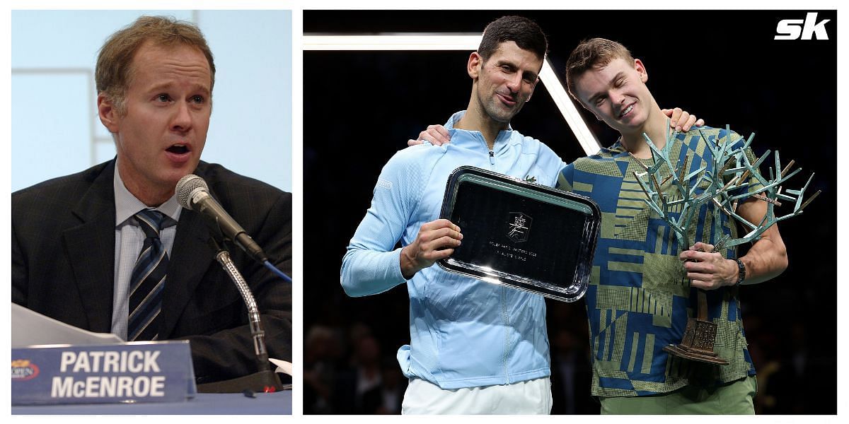 Patrick McEnroe (L), Novak Djokovic and Holger Rune (R)
