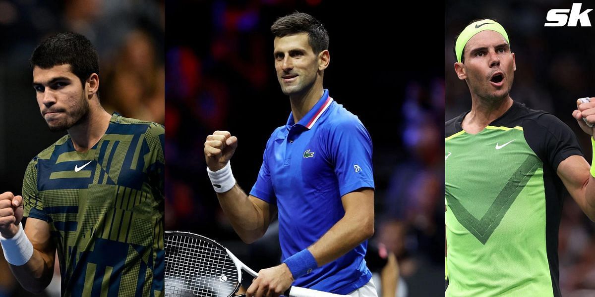 (From L) Carlos Alcaraz, Novak Djokovic, and Rafael Nadal.