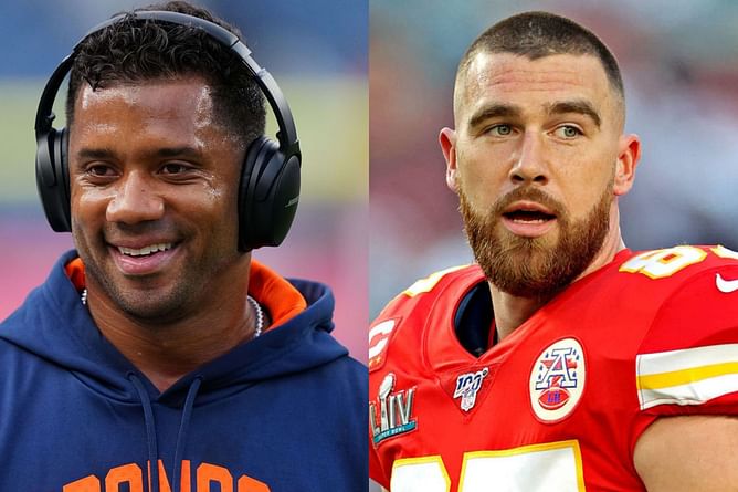 Travis Kelce gets candid about Russell Wilson's recent plane workout antics: "I honestly feel like he's just trolling us with this"