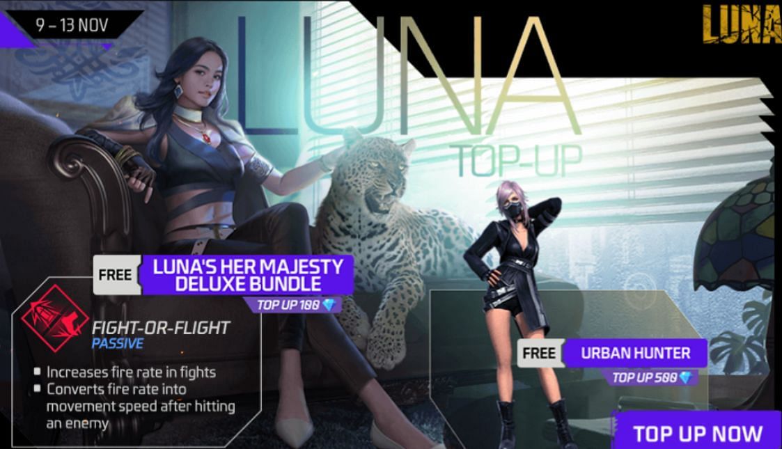 The Luna Top-Up event will be active from November 9 to November 13 (Image via Garena)