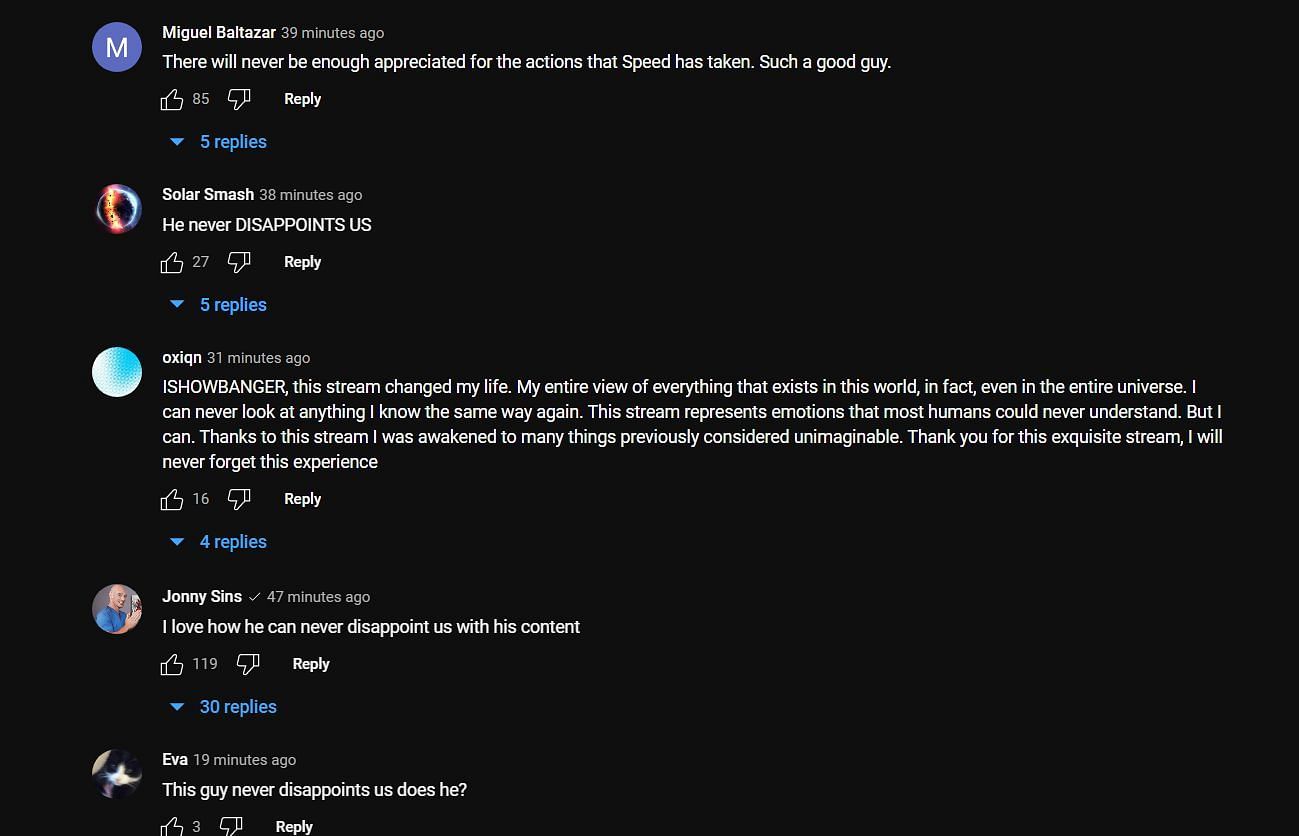 Fan reactions under the YouTuber premier (Image via IShowSpeed/YouTube)