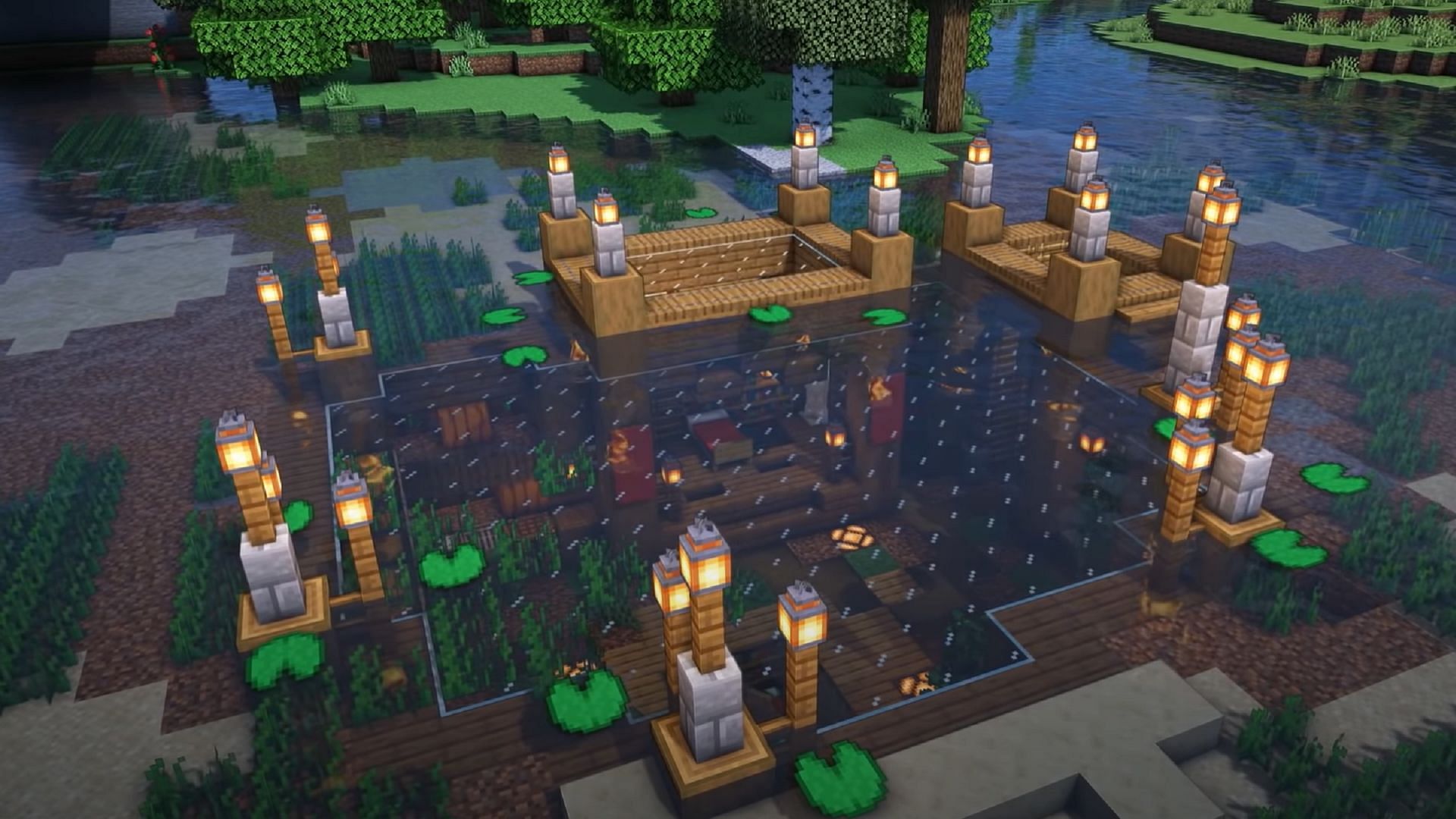 This sunken base keeps a nice appearance in an otherwise murky biome (Image via Archelaus/YouTube)