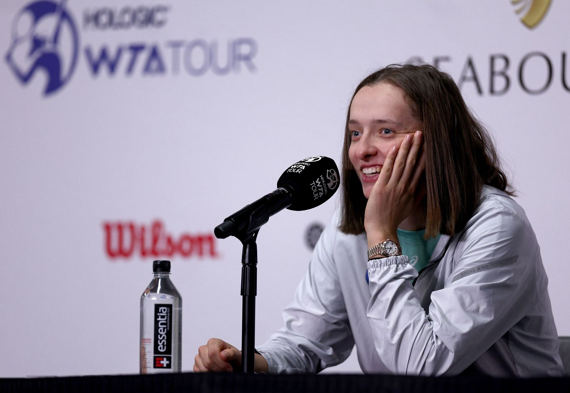 Iga Swiatek of Poland speaks to the media during a press conference at the 2022 WTA Finals - Day 7
