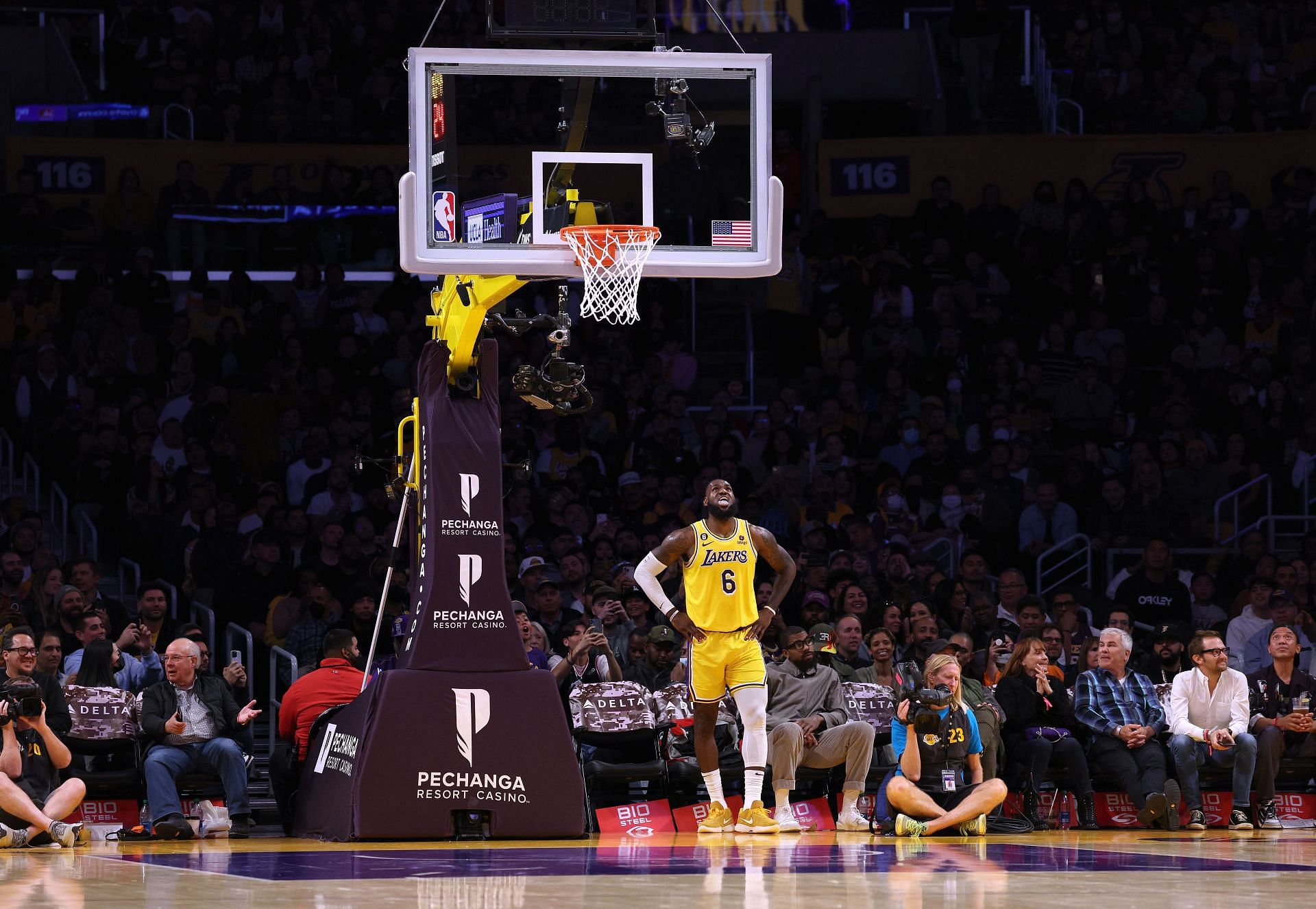 LeBron James looks on at the game