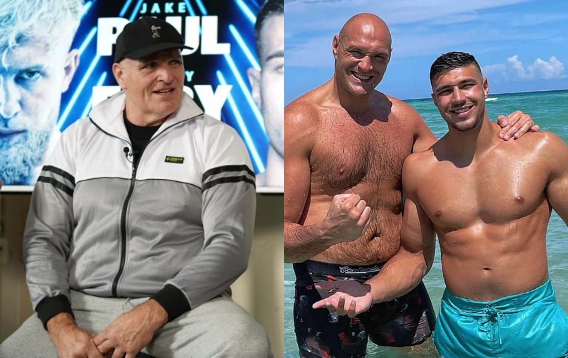 John Fury (left) and Tyson Fury with Tommy Fury (right)
