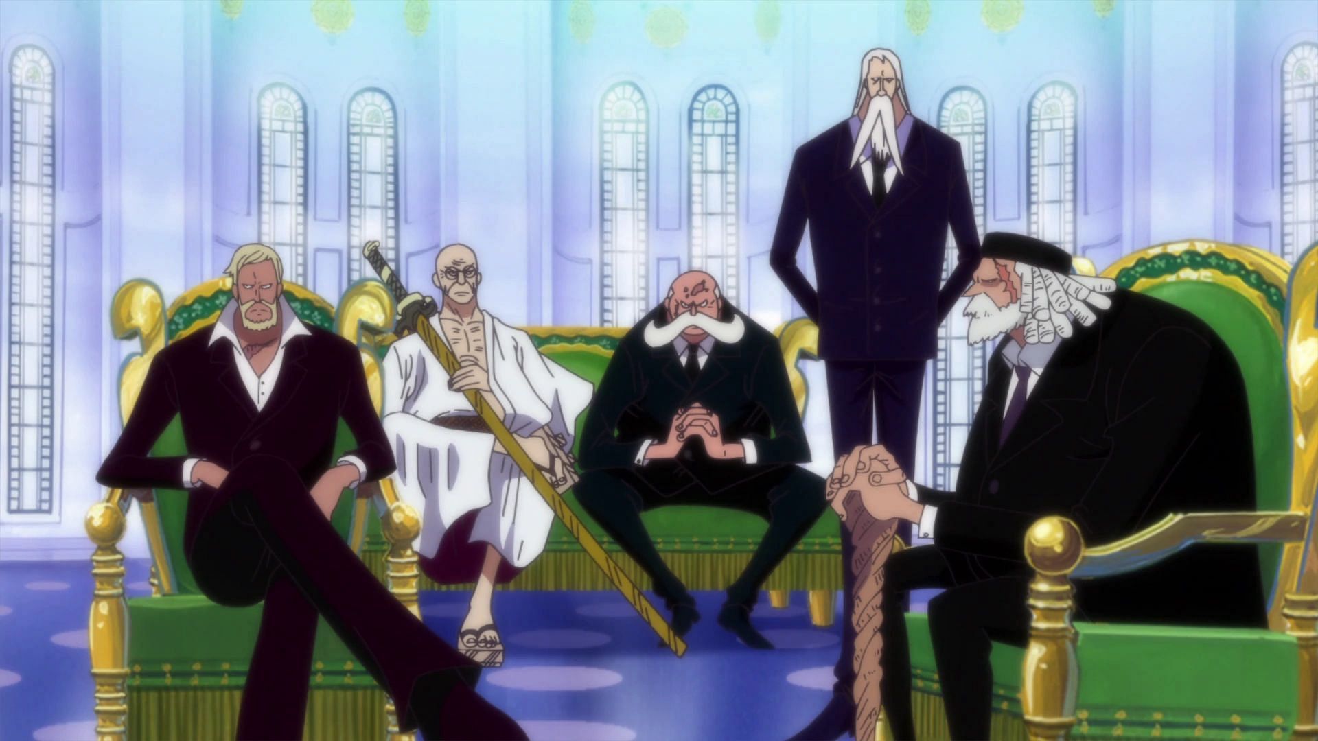 The Five Elders weave the threads of everything from the Pangea Castle, one of the most impenetrable places in One Piece (Image via Toei Animation, One Piece)