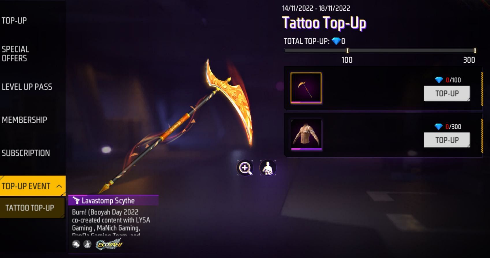 Access the ongoing Tattoo Top-Up via the &quot;Top-Up Event&quot; tab in the diamond section (Image via Garena)