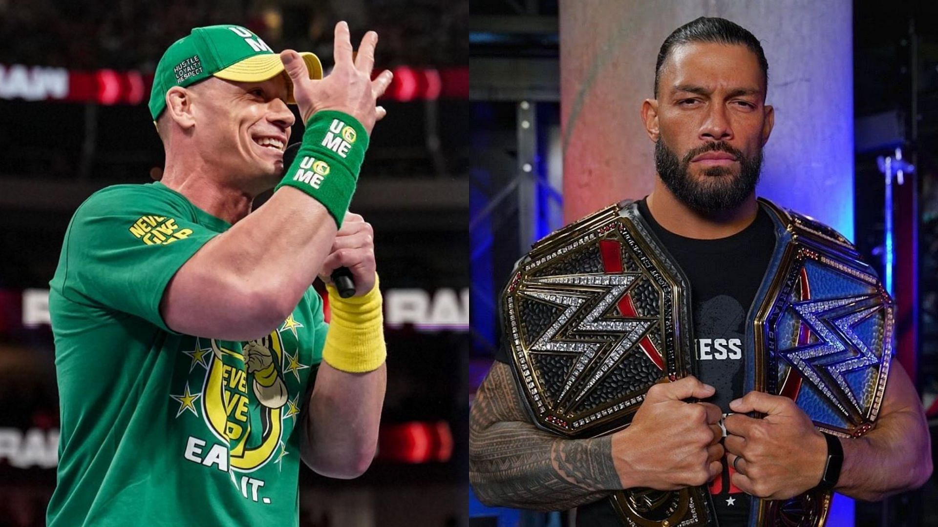 John Cena (left) and Undisputed WWE Universal Champion Roman Reigns (right)
