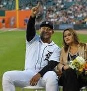 Detroit Tigers' Miguel Cabrera, far left, sits with his wife, Rosangel  Cabrera, second from left, and their three children, Rosangel Cabrera,  center, Isabella Cabrera, second from right, and Christopher Cabrera during  a