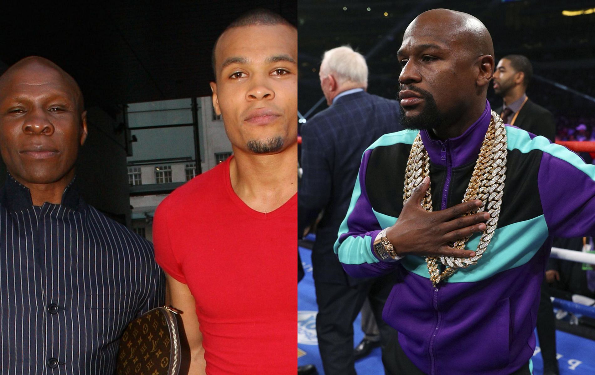 Chris Eubank Sr. with his son (left) and Floyd Mayweather (right)