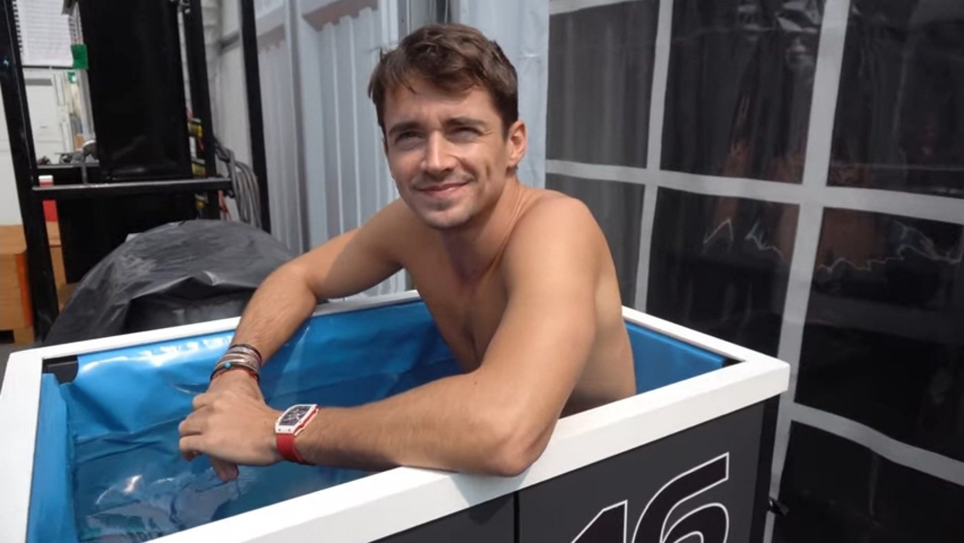 Ferrari F1 driver Charles Leclerc seen taking an ice bath (Image credits: Twitter/@lovingleclerc2)