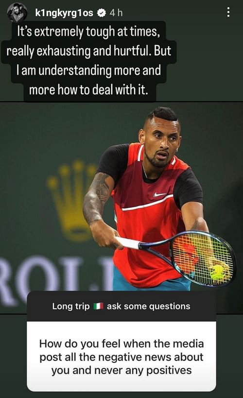 Nick Kyrgios wrote on his Instagram stories