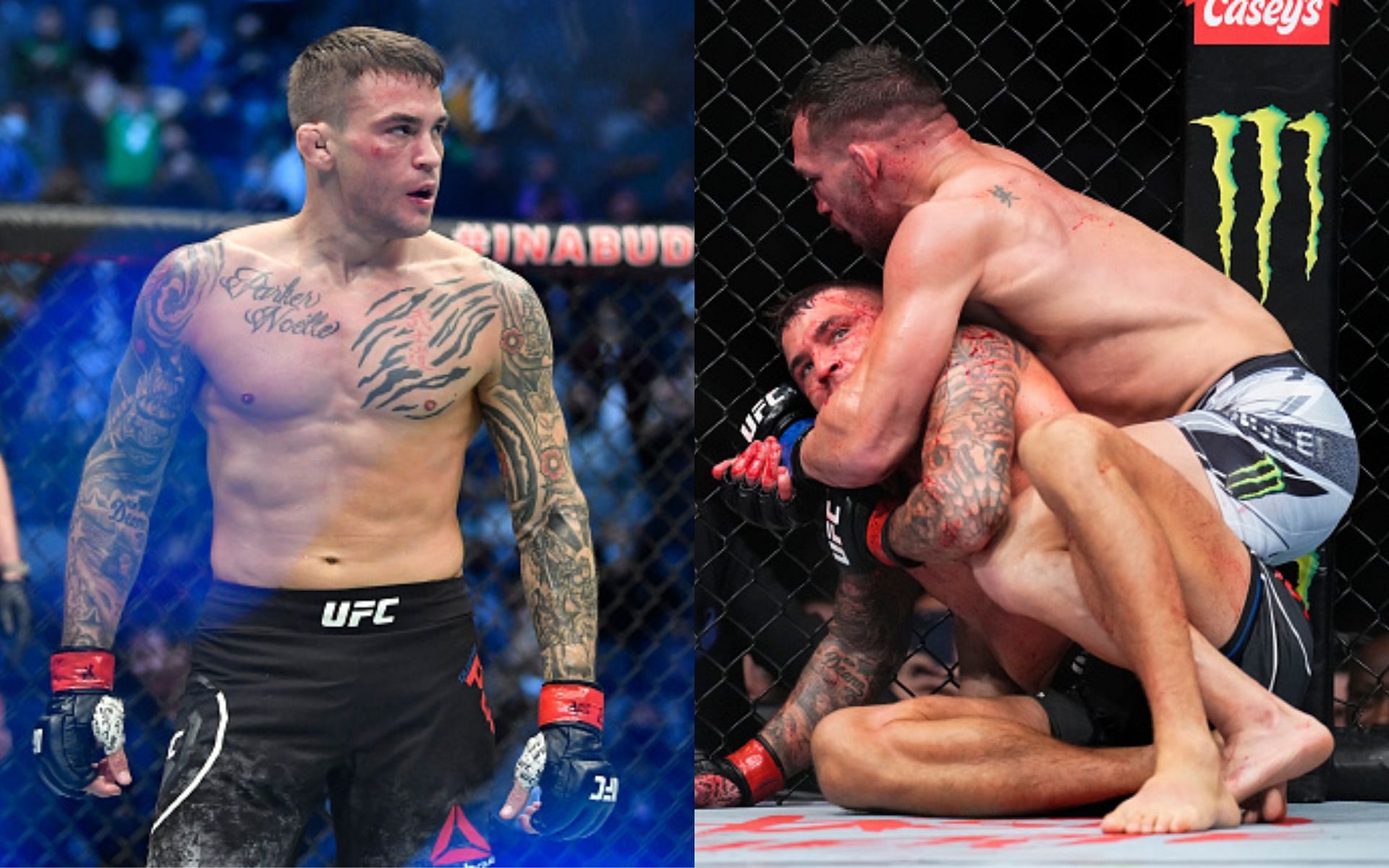 Dustin Poirier (left) and Chandler on Poirier&rsquo;s back (right)(Images via Getty)