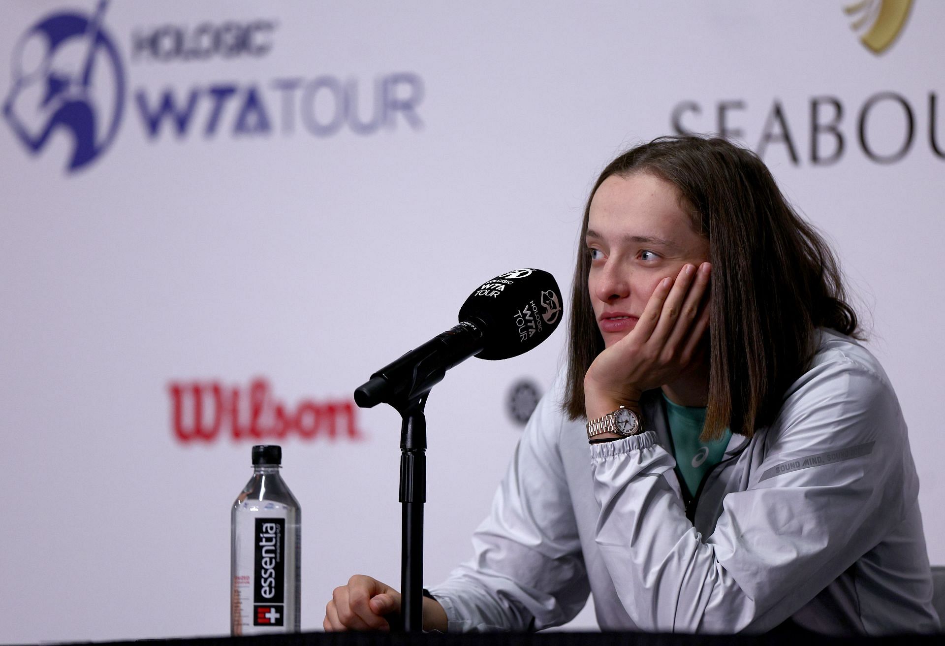 Iga Swiatek of Poland speaks to the media during a press conference after her Women&#039;s Singles Semifinal match at the 2022 WTA Finals - Day 7