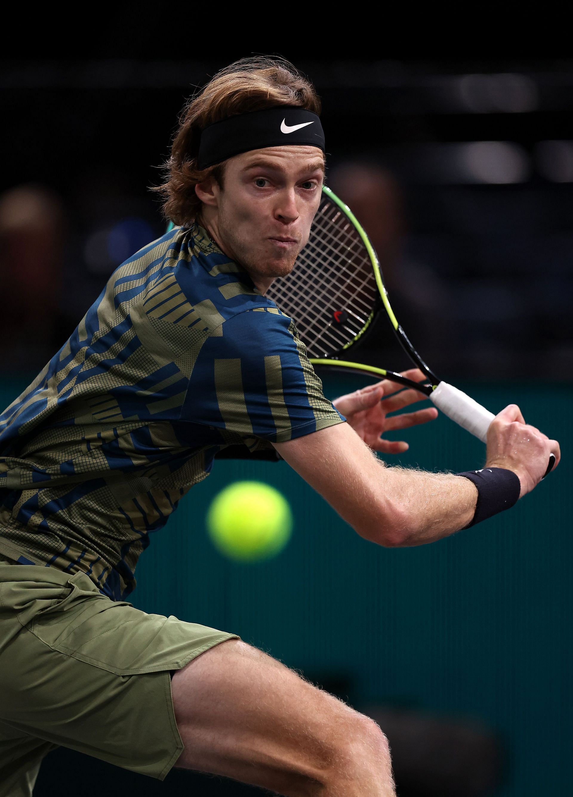 Andrey Rublev in action at the Rolex Paris Masters