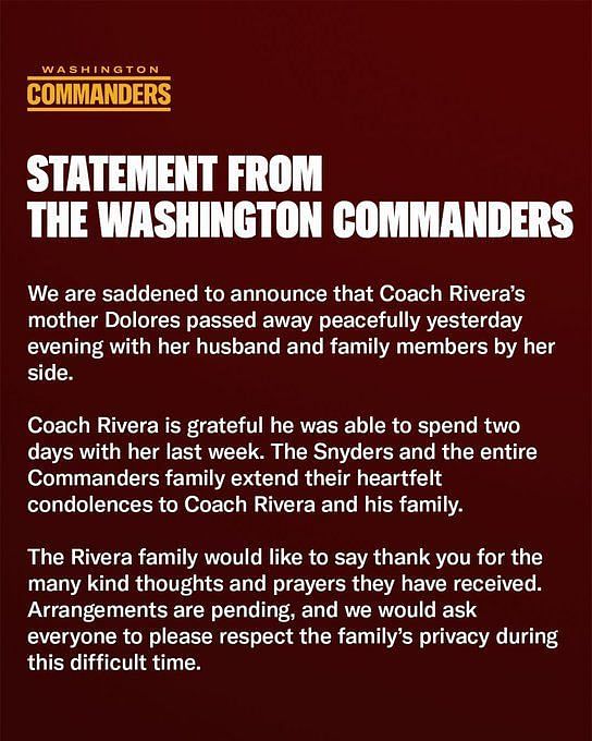 What happened to Ron Rivera's mother? Commanders HC gets emotional