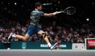 Alcaraz in action against Yoshihito Nishioka at the 2022 Paris Masters