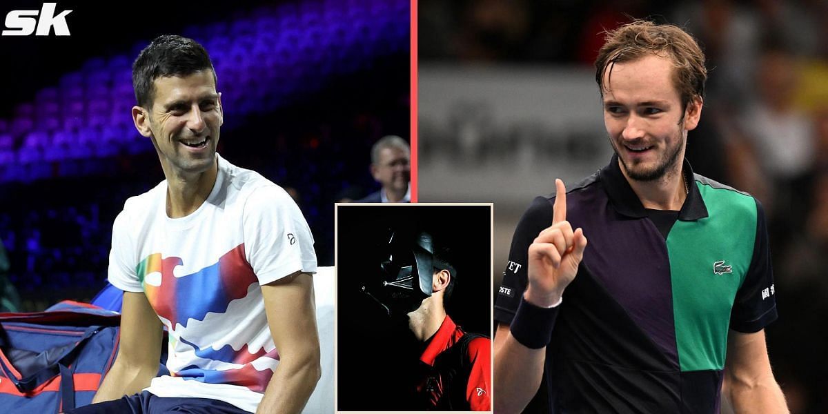 Novak Djokovic and Daniil Medvedev; Djokovic enters the court in a 