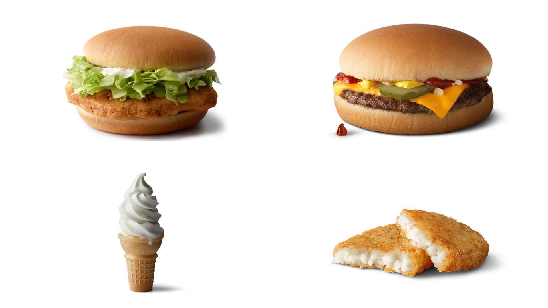 McChicken, classic Cheeseburger, Vanilla Cone, and Hash Browns (Image via McDonald&rsquo;s)