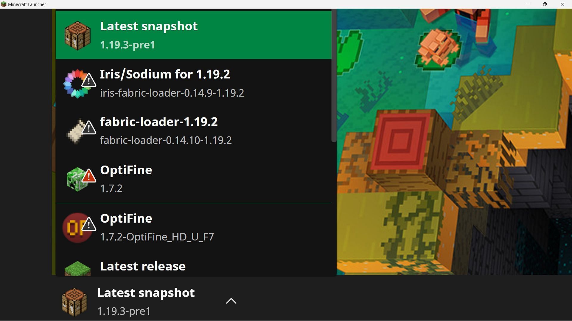 Although the Minecraft version reads as &#039;snapshot&#039;, it will be a pre-release (Image via Sportskeeda)