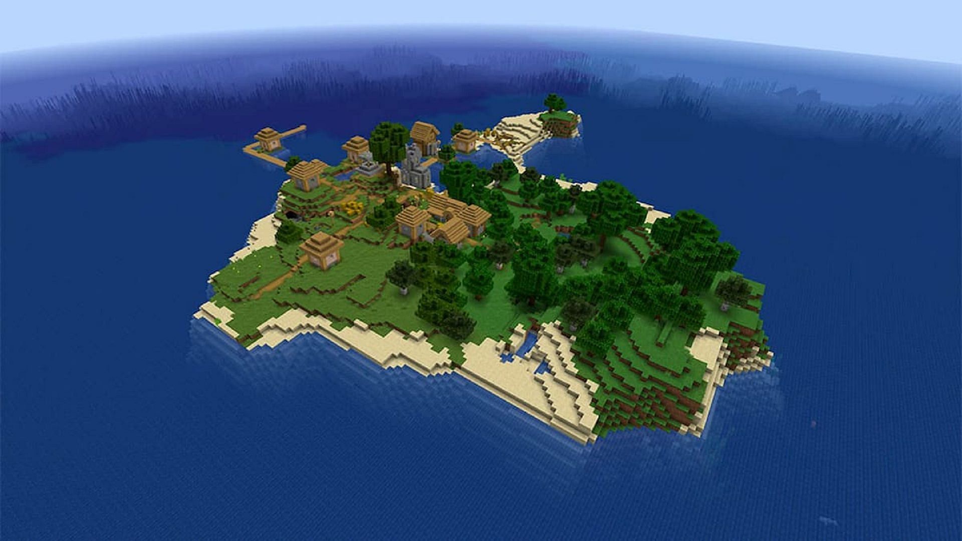 This survival island&#039;s village may not appear at all depending on the version of the game being played (Image via Mojang)