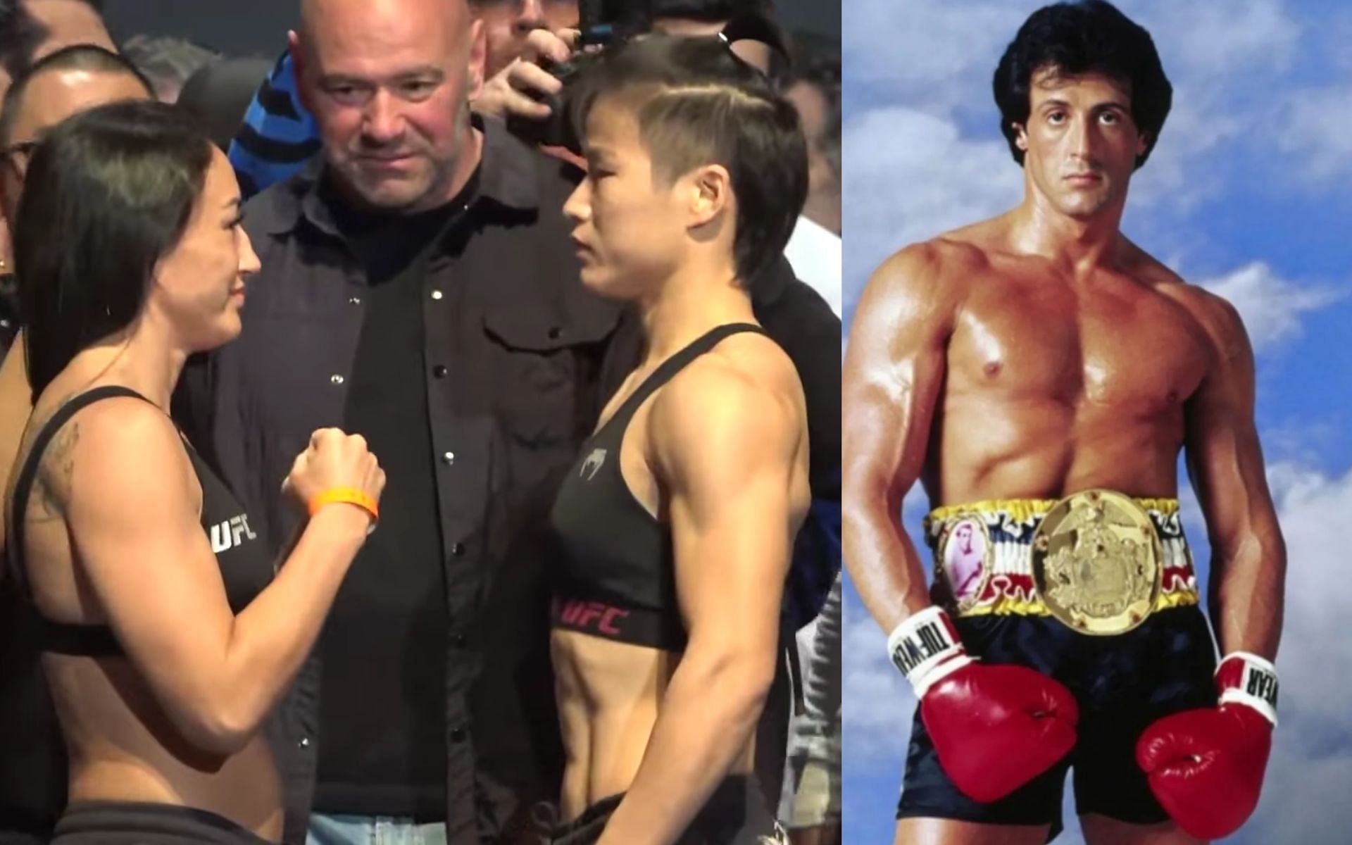 Carla Esparza &amp; Zhang Weili (left), Sylvester Stallone (right) [Images courtesy of UFC on YouTube &amp; @rockybalboa_ on Instagram]