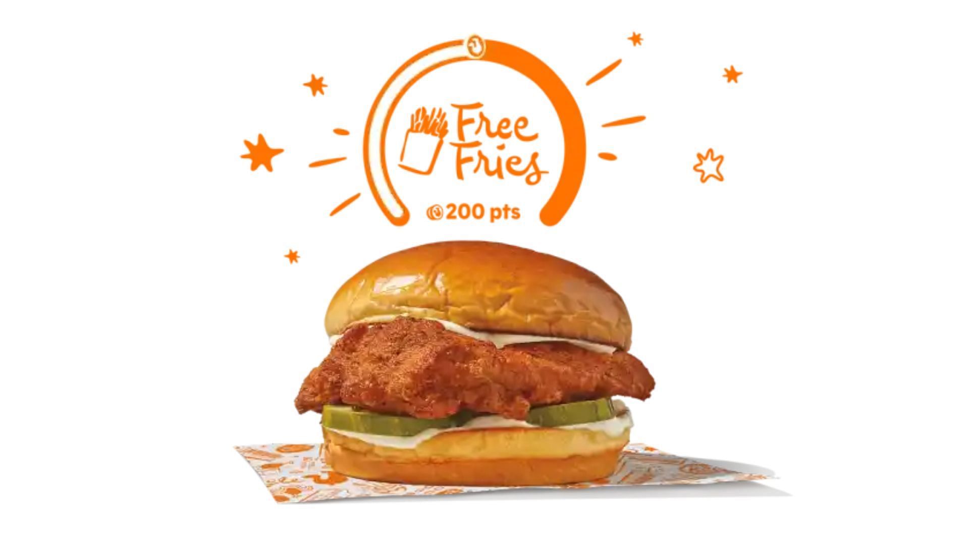 Promotional image of free fries offer for customers who get the Blackened Chicken Sandwich (Image via Popeyes)