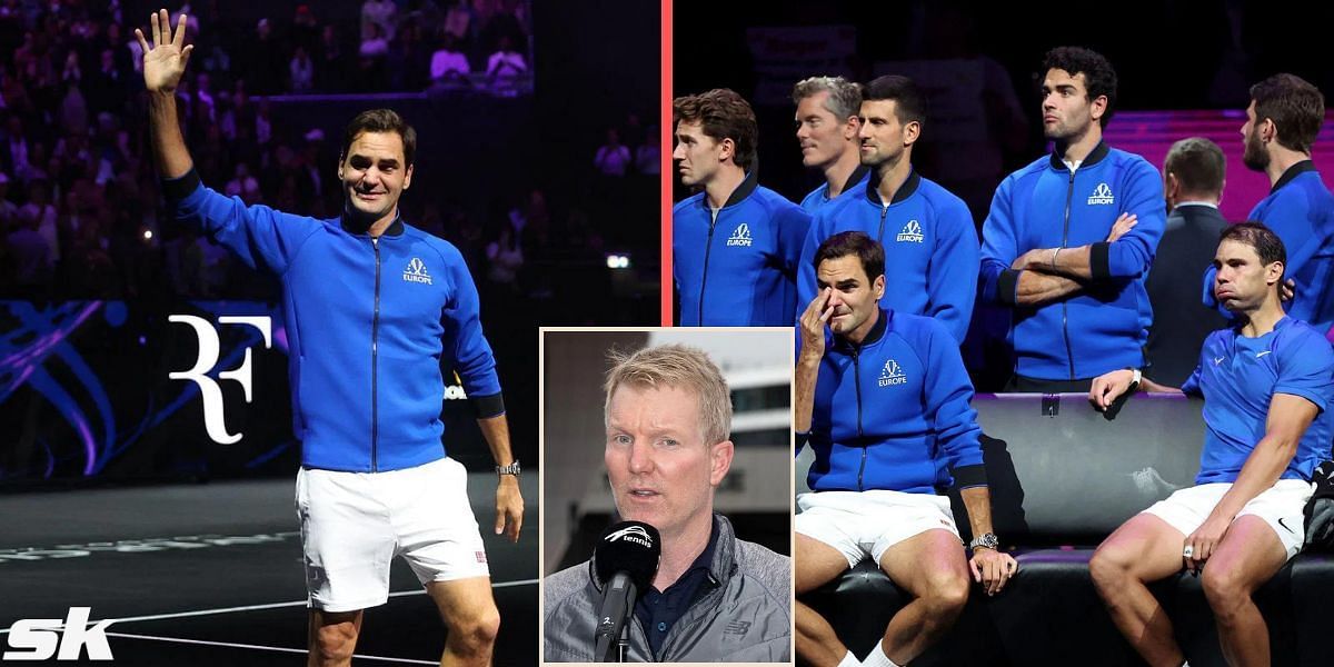 Roger Federer at the 2022 Laver Cup; Jim Courier (inset).