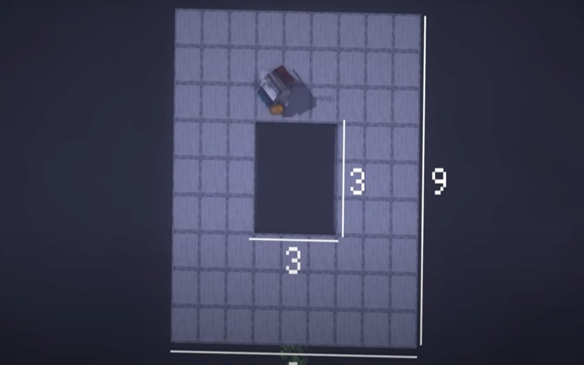 Build a 9x9 platform with a 3x3 hole in the middle (Image via YouTube/Moretingz)