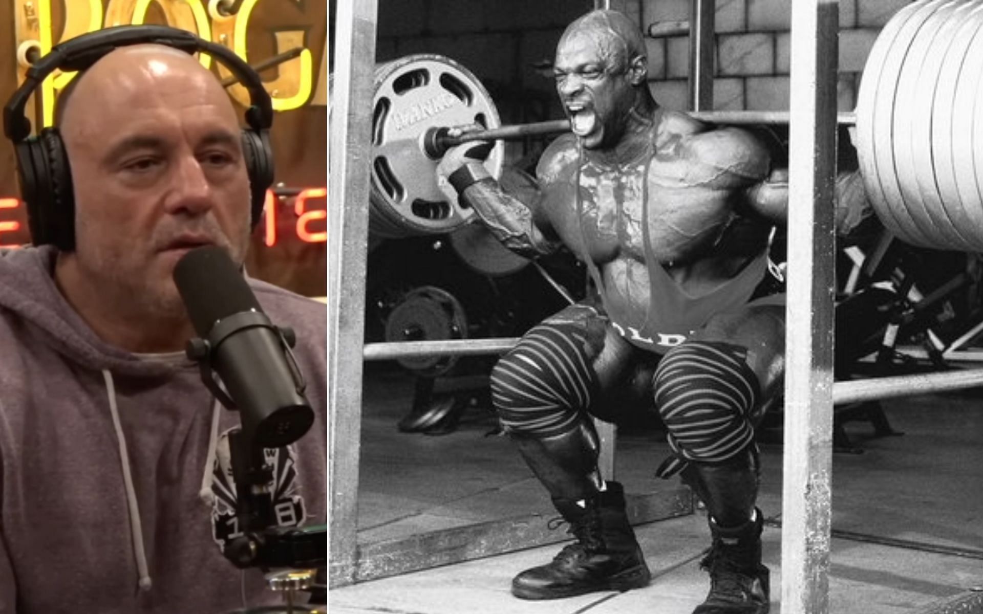 (L) Joe Rogan  {Photo credit: PowerfulJRE - YouTube}, and Ronnie Coleman {Photo credit: @masculinesoul - Twitter} (R)