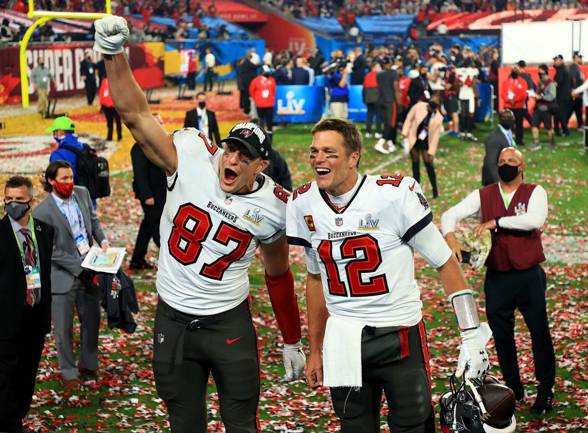 The tight end celebrating the Super Bowl LV victory.