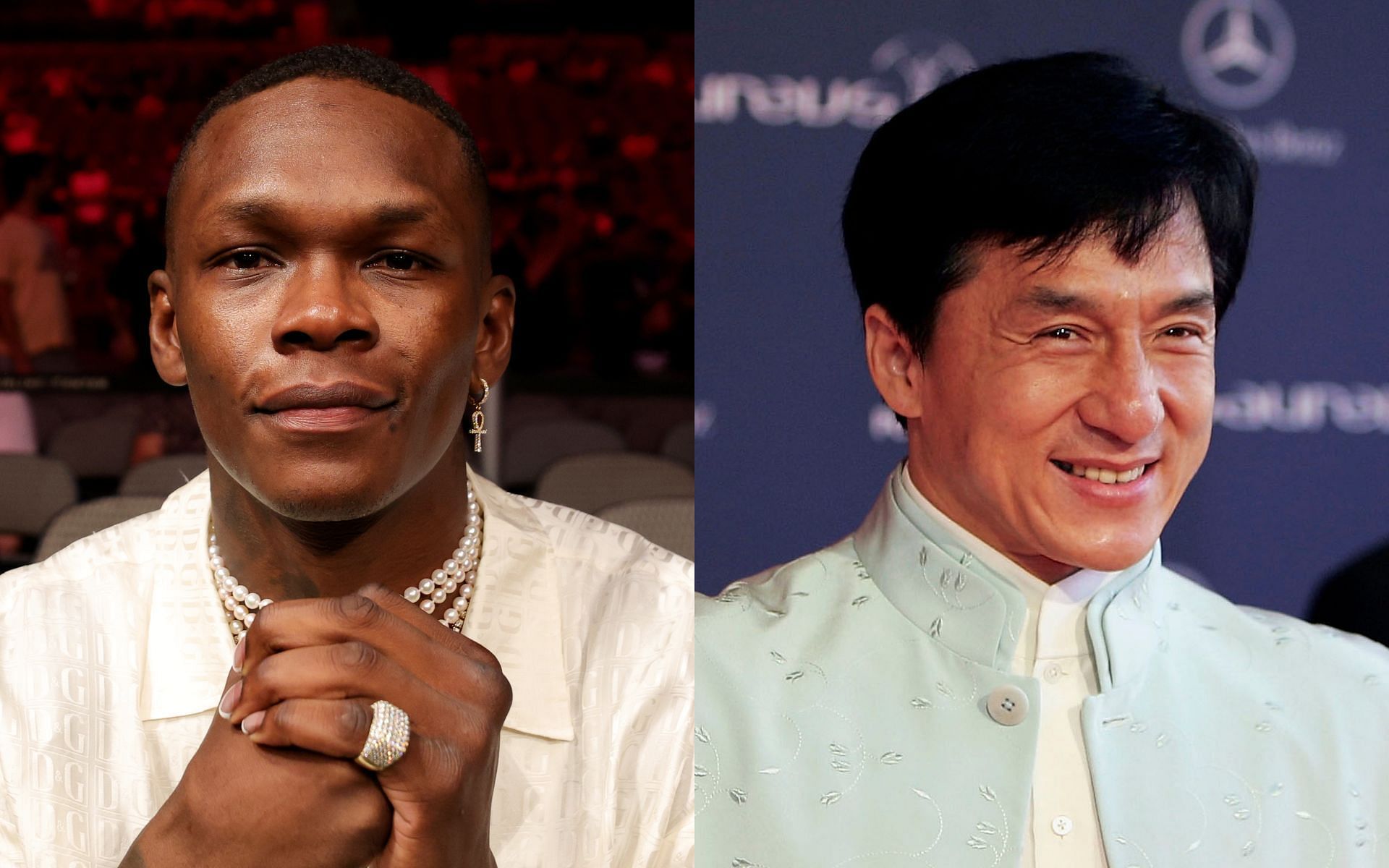 Israel Adesanya (left) and Jackie Chan (right). [via Getty Images]