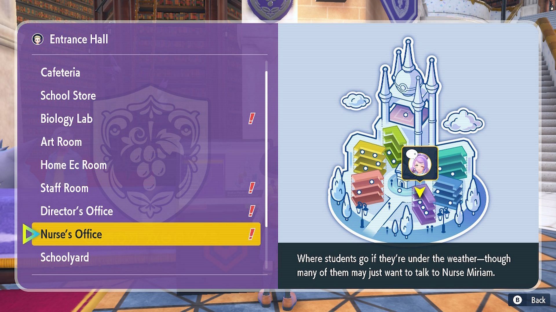 You can go to different parts of the school with this menu (Image via Game Freak)