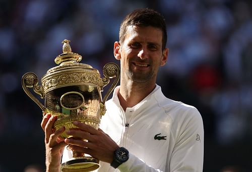 Novak Djokovic with his Wimbledon 2022 title.