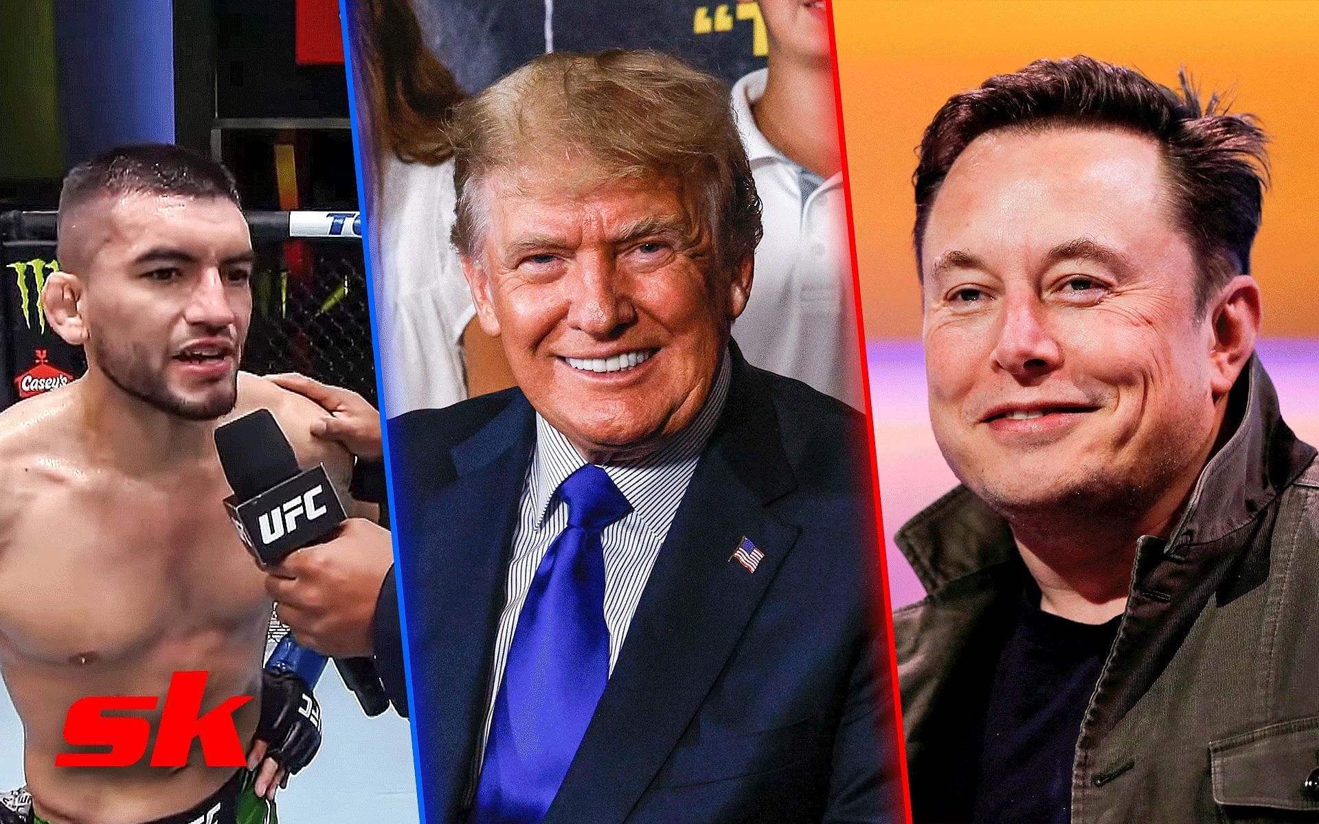 Johnny Munhoz (Left), Donald Trump (Middle), Elon Musk (Right) [Image courtesy: @UFC on YouTube, Getty, reuters.com]
