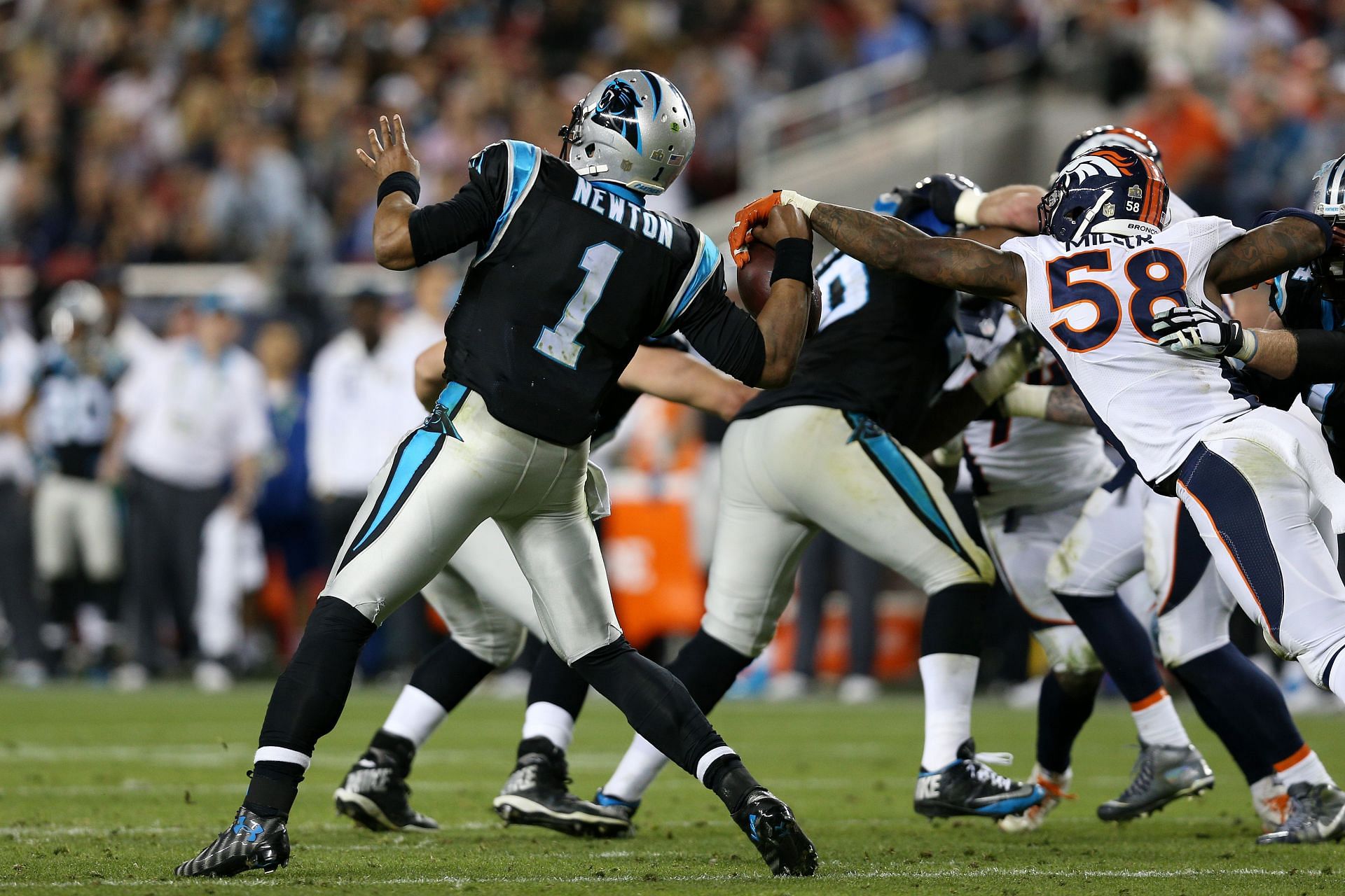 Von Miller stripping the ball from Cam Newton - Super Bowl 50 - Carolina Panthers v Denver Broncos