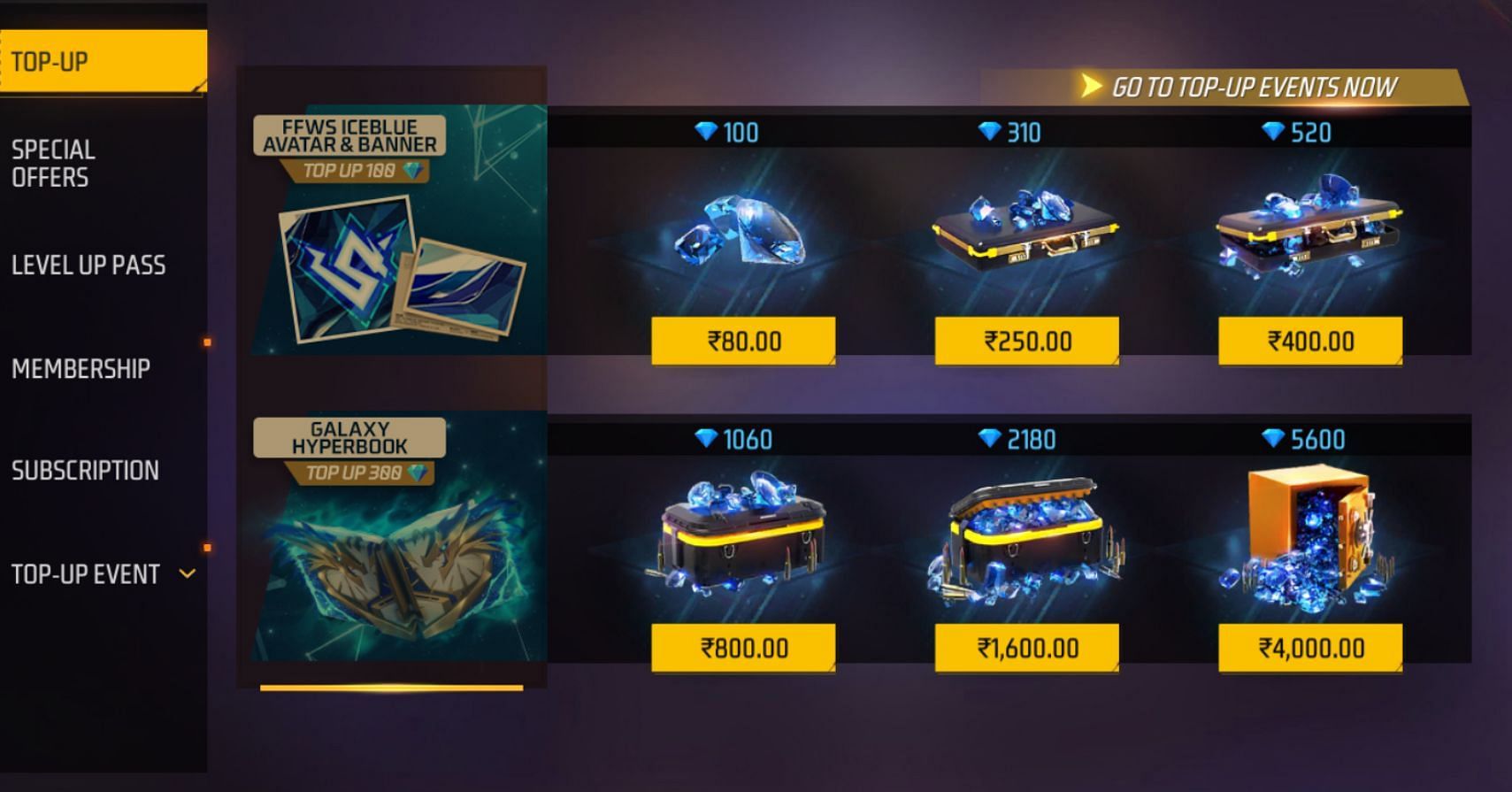 Choose the 310 diamond bundle to grab rewards from the Hyperbook Top-Up (Image via Garena)