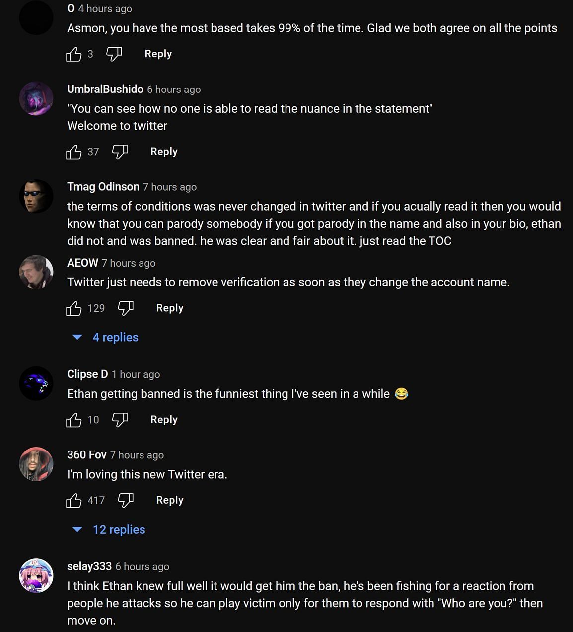 Fans in the YouTube comments section discussing the recent Twitter controversy (Images via Asmongold Clips/YouTube)
