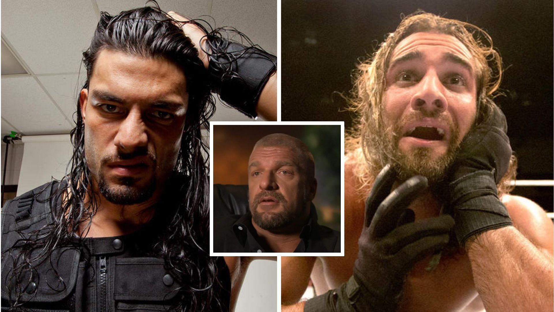 Roman Reigns (left), Triple H (center), and Seth Rollins (right)