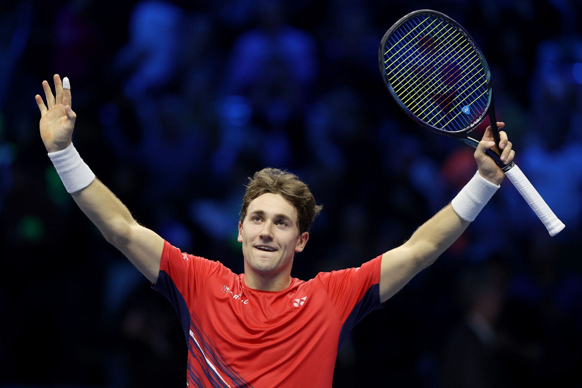 Casper Ruud celebrates his win against Andrey Rublev at the 2022 ATP Finals in Turin.