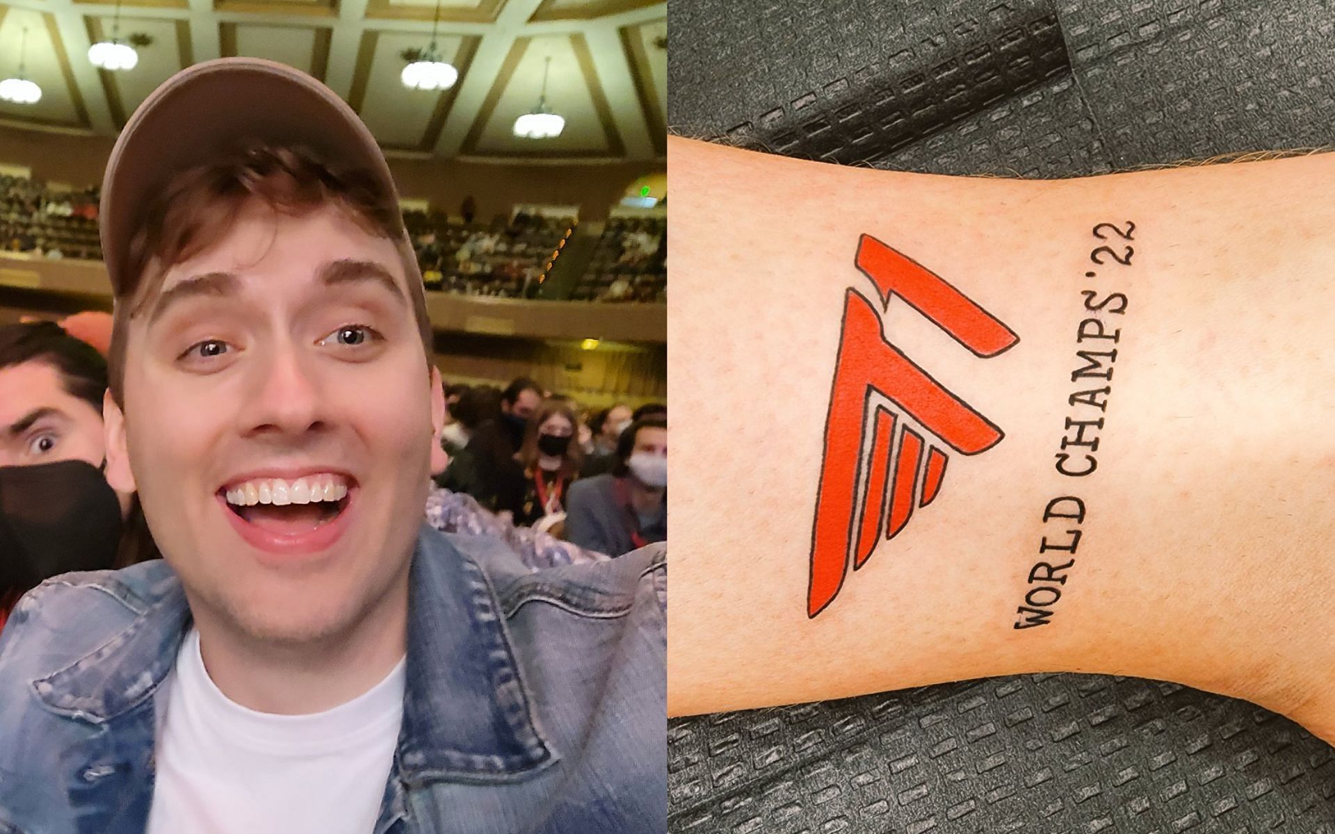 Atrioc talks about getting a T1 tattoo before the League of Legends Worlds 2022 Final concluded (Images via Atrioc/Twitter)