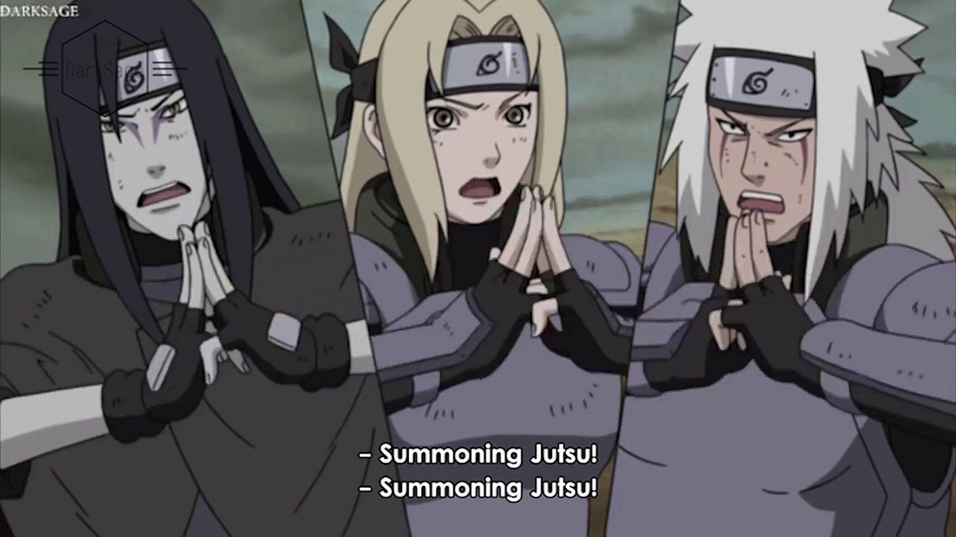 Orochimaru summons Manda, Tsunade summons Katsuyu and Jiraiya summons Toads from Mount Myōboku (Image via Studio Pierrot)