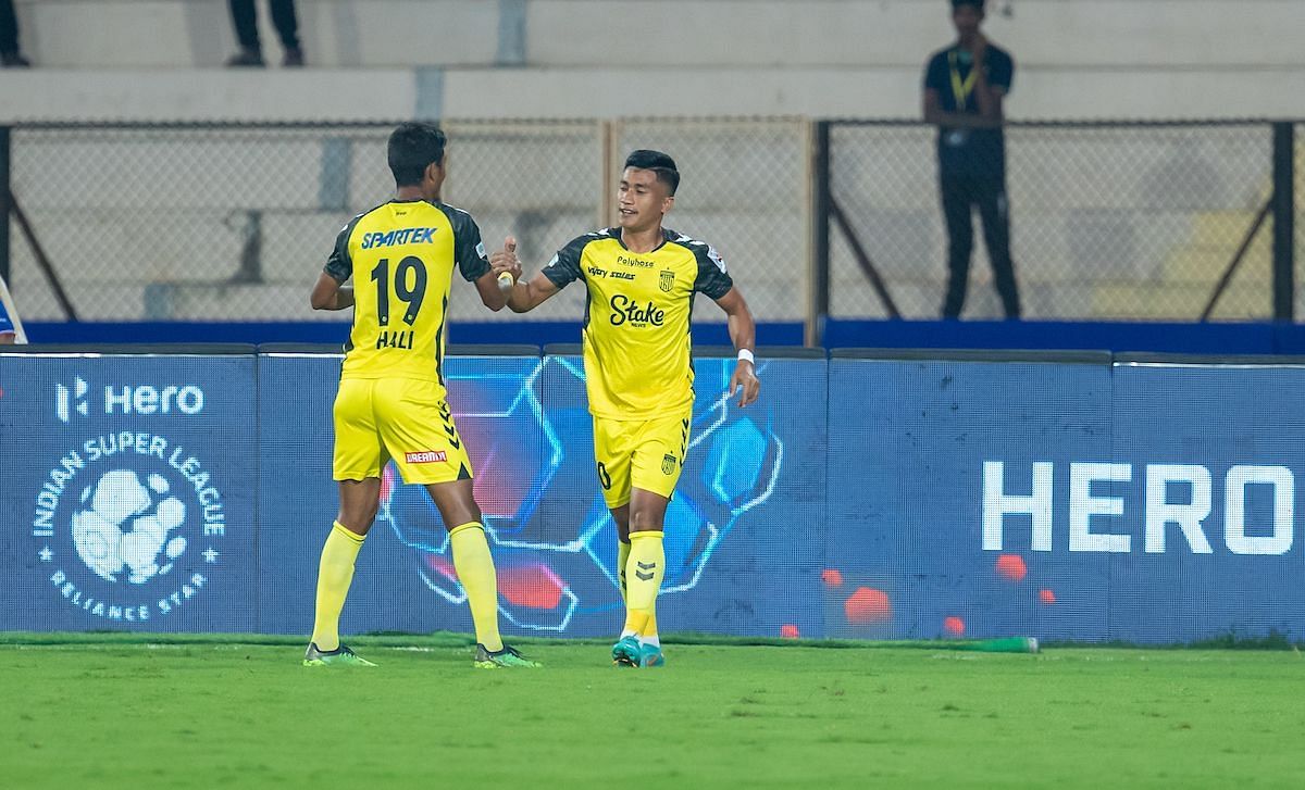 Hyderabad FC players celebrate their goal against Odisha FC. [Credits: ISL media]