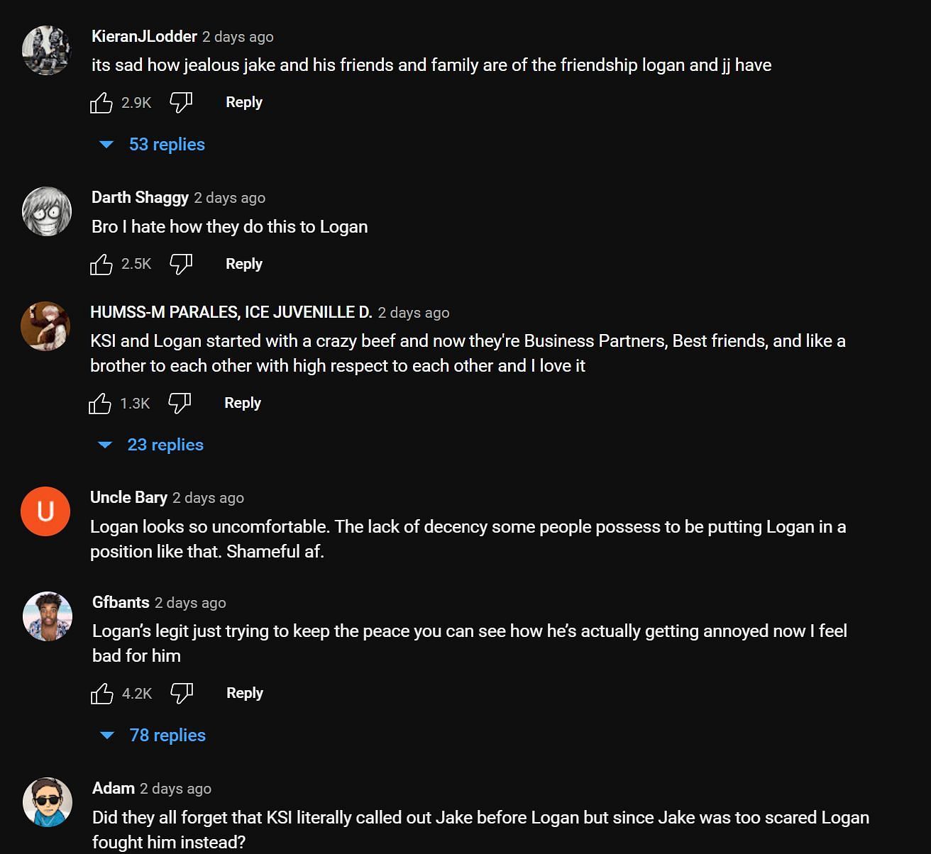 Fans react to Logan defending KSI against Jake Paul and his friends. (image via Fightify YouTube)