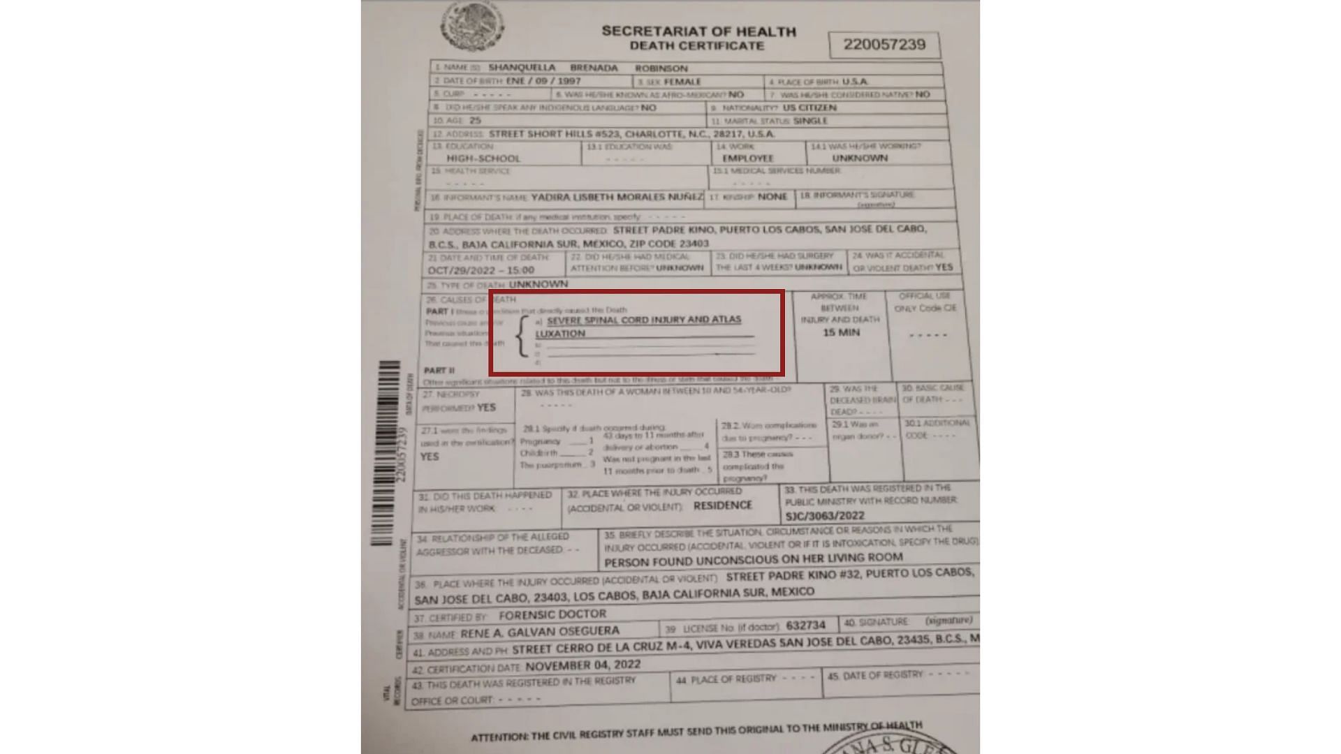 the death certificate that indicates cause of death (image via Baja California Sur State Attorney&#039;s Office)