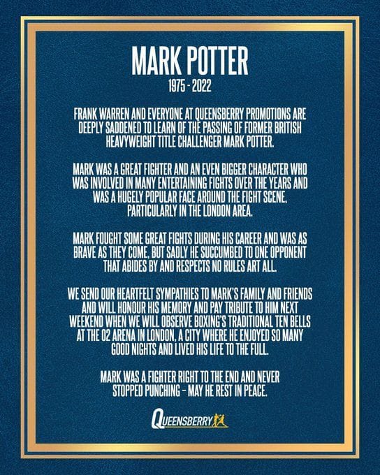 Former British heavyweight title challenger Mark Potter passes away