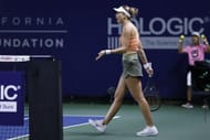 Paula Badosa reacts during her match against Danielle Collins at the San Diego Open
