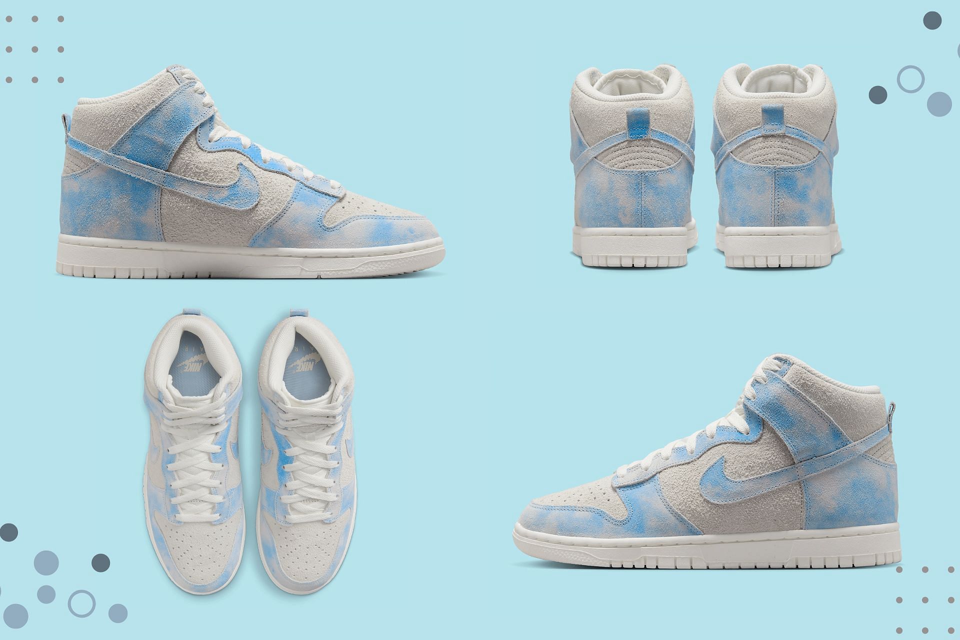 Upcoming Nike Dunk High &quot;Worn Blue&quot; sneakers feature sky blue cloud-like details (Image via Sportskeeda)