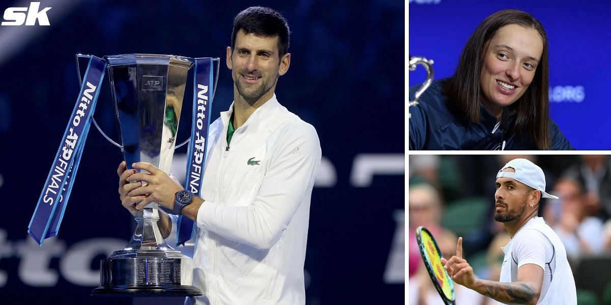 Novak Djokovic with his ATP Finals trophy; Iga Swiatek (Top-R) and Nick Kyrgios (Bottom-R)