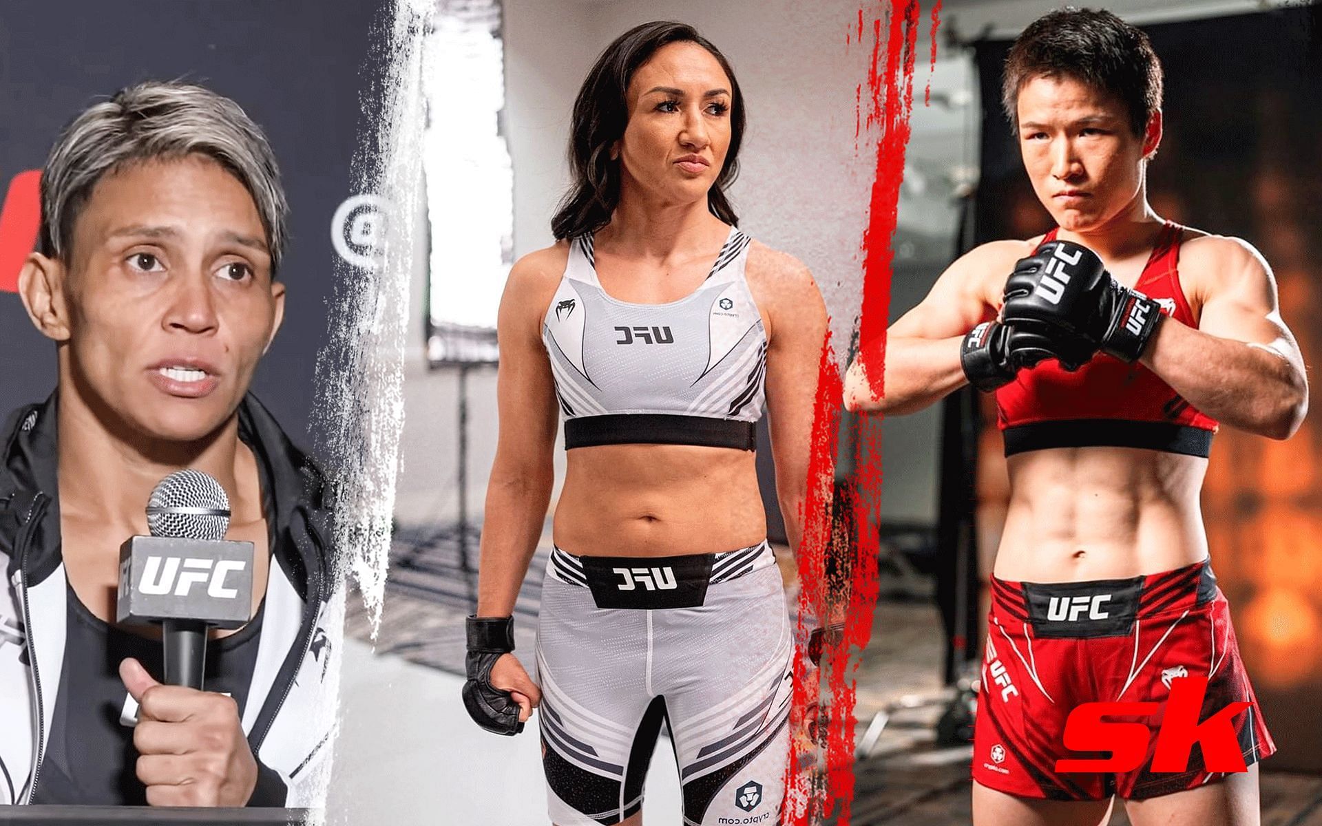 Amanda Lemos (Left), Carla Esparza (Middle), Zhang Weili (Right) [Image courtesy: @MMAJunkie on YouTube, @carlaesparza1 and @zhangweilimma on Instagram]